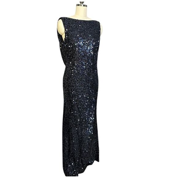 Mac Duggal 26331 Blue Cowl Back Boat Neck Sequined Evening Gown | Size 10 - Picture 11 of 12